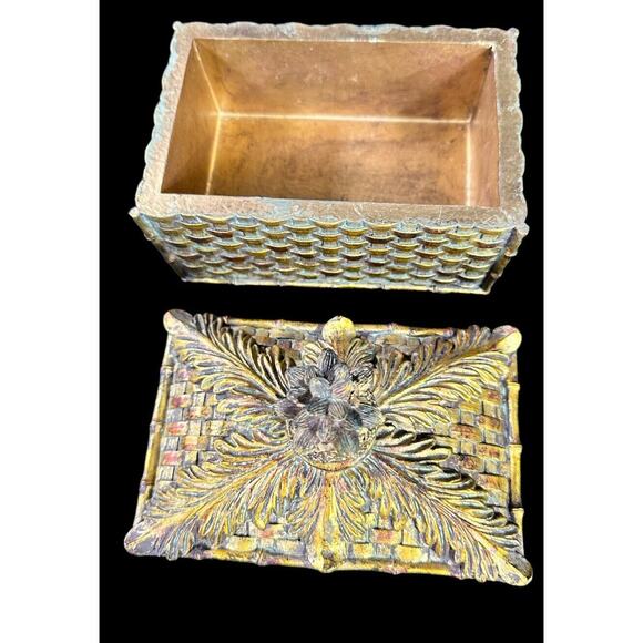 Ceramic Woven Gold Pineapple Top Knob Rectangle Jewelry Trinket Box 6” X 6” X 4” - Picture 2 of 10